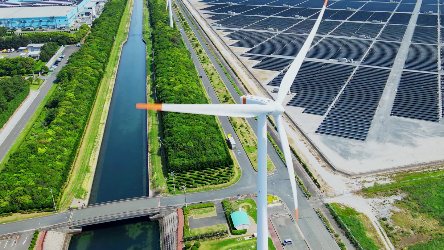 Renewable energy infrastructure and transmission lines.